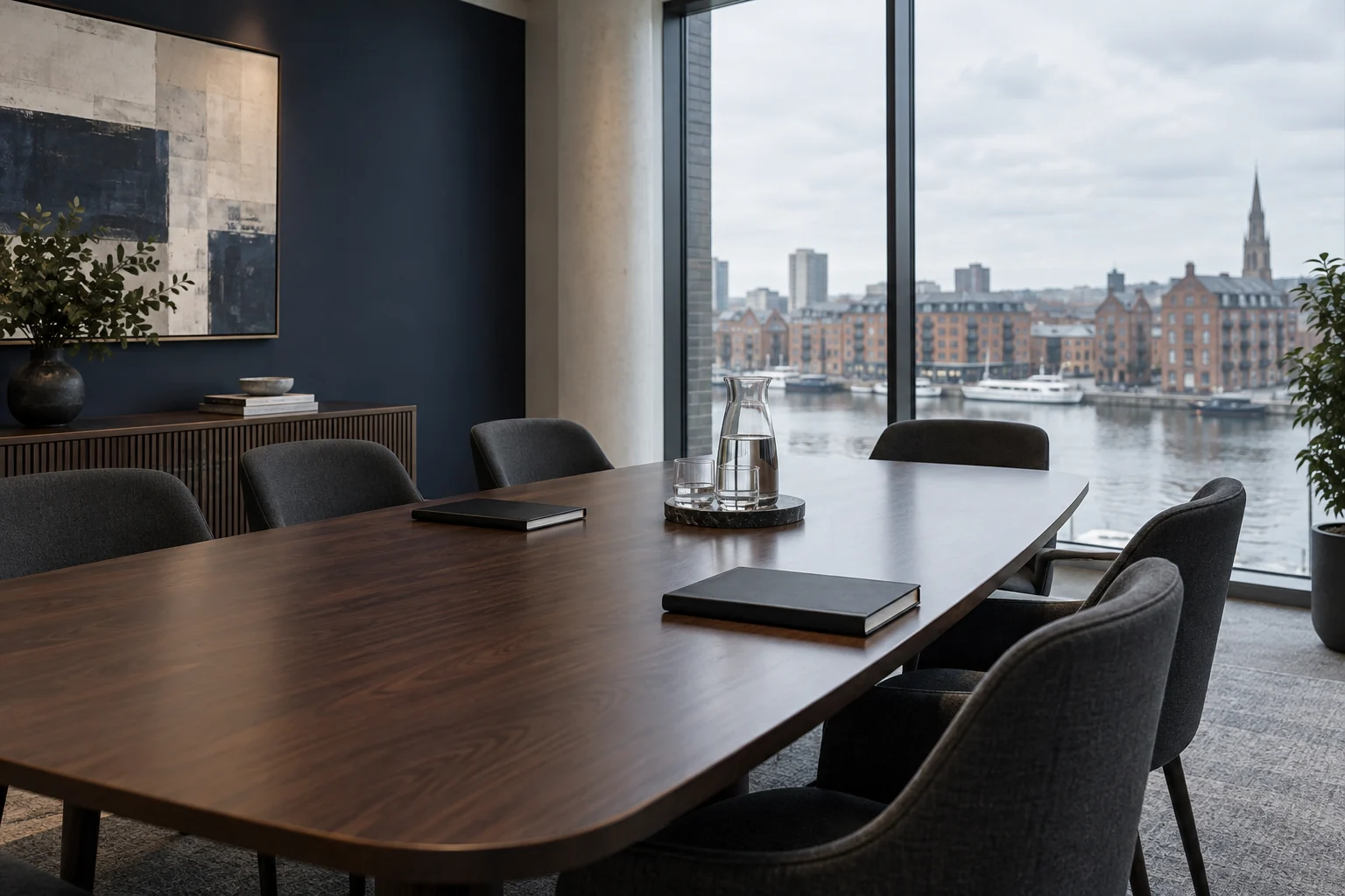 Original visualisation of a boardroom overlooking an English waterfront