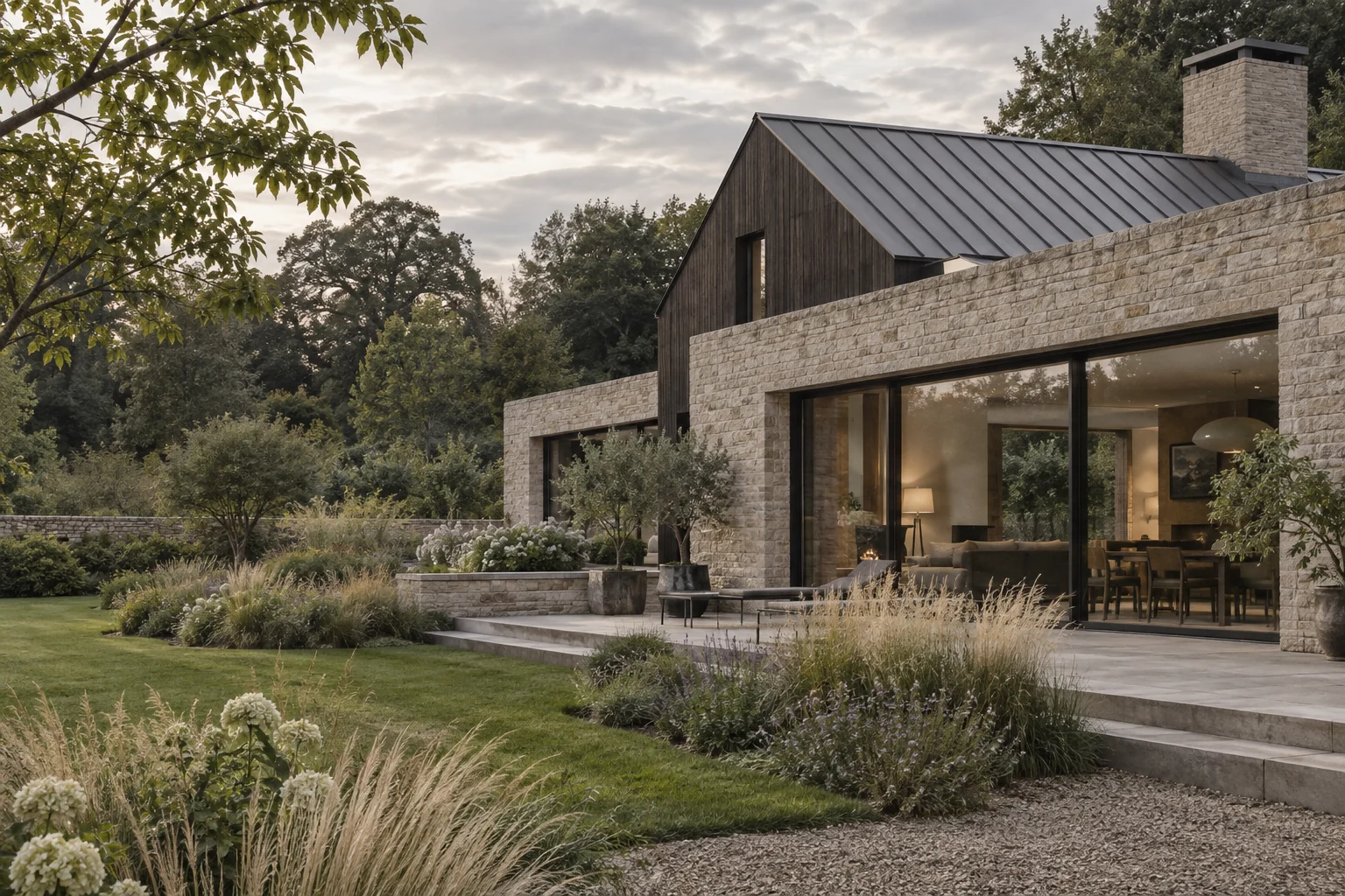 Original visualisation of a limestone and timber house beside a woodland garden