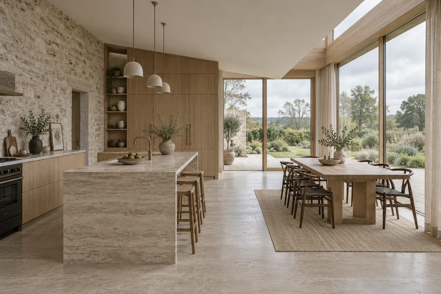 Original visualisation of an oak kitchen and dining extension with a retained stone wall