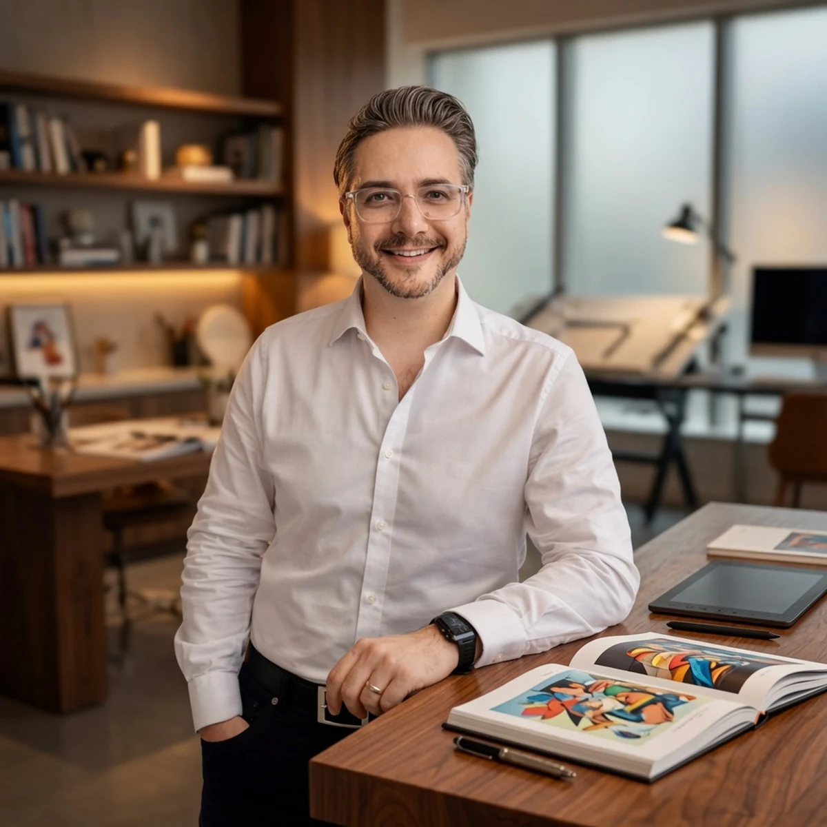 Charlie in his workspace, wearing a white shirt and glasses