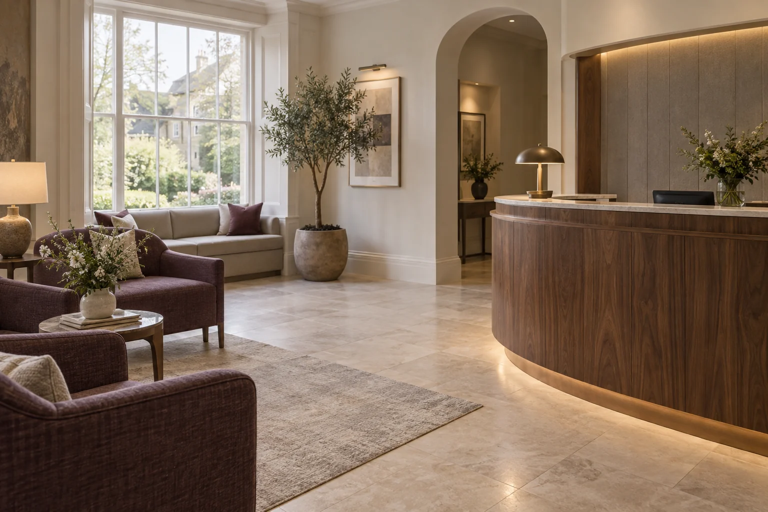 An original visualisation of a dental reception with walnut joinery and soft plum seating