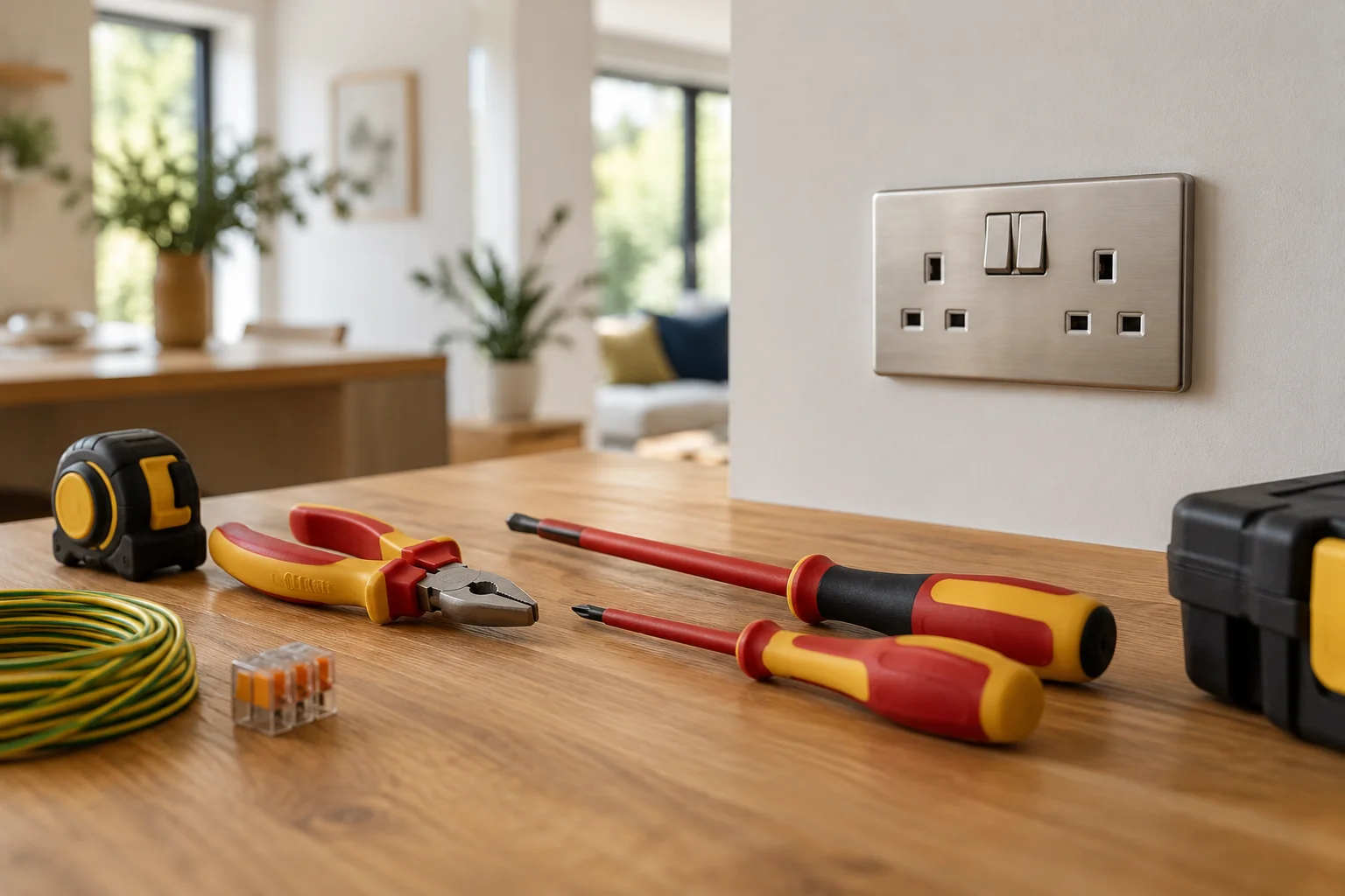 Electrical tools beside a finished wall socket in a renovated home