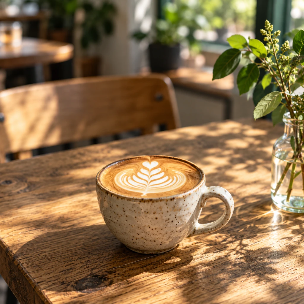 A flat white in a speckled ceramic cup on a sunlit oak table