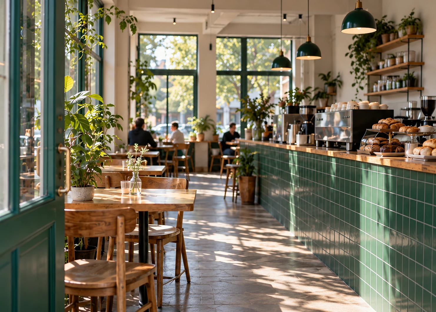 Sunlit café with a green tiled counter