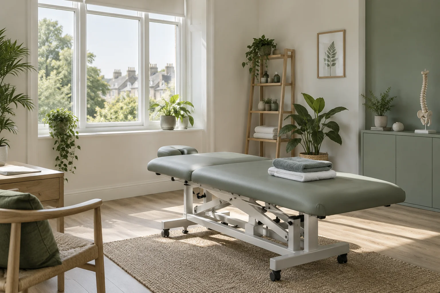 An airy treatment room with a physiotherapy couch and natural light