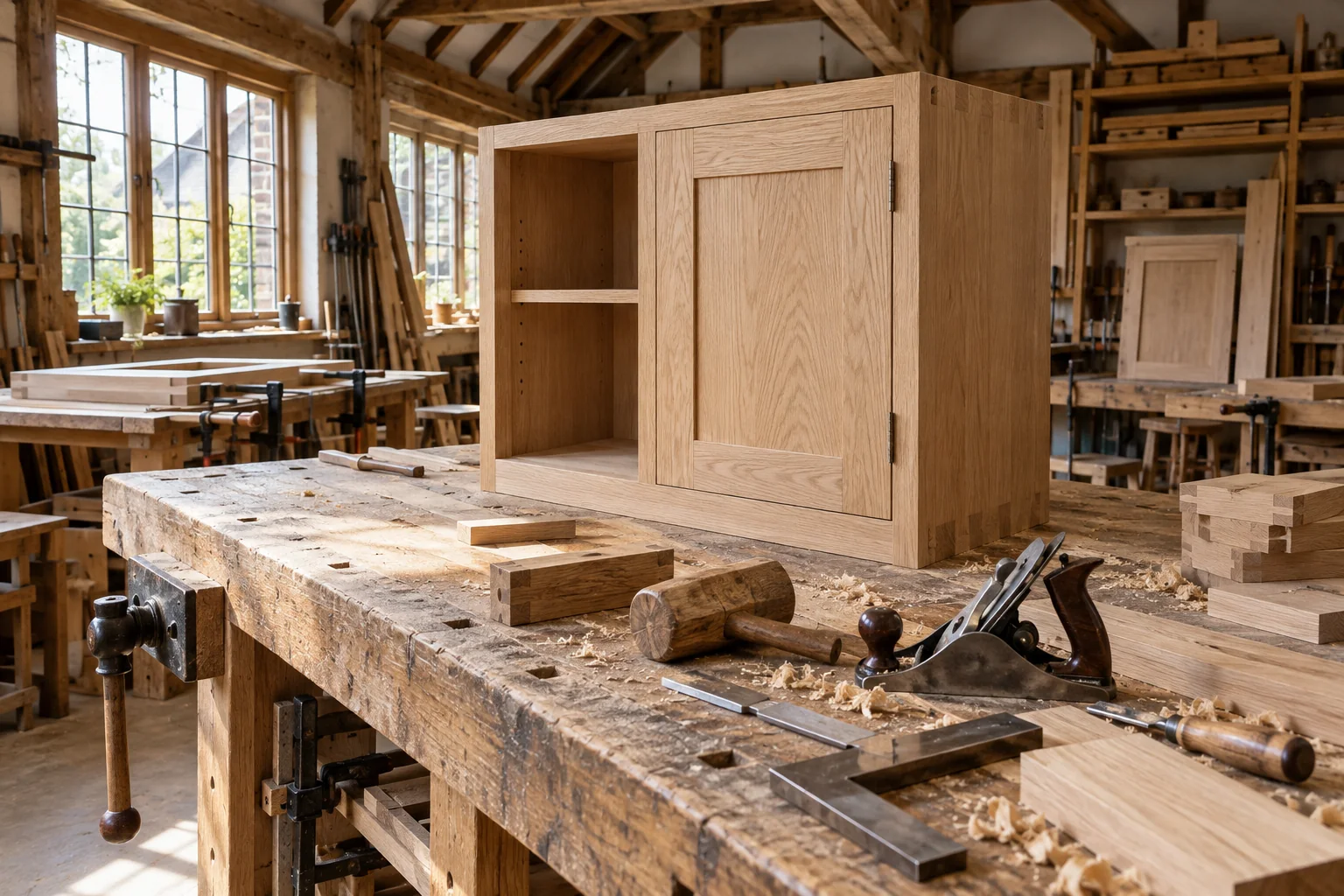 Oak joinery pieces and tools in a daylight workshop