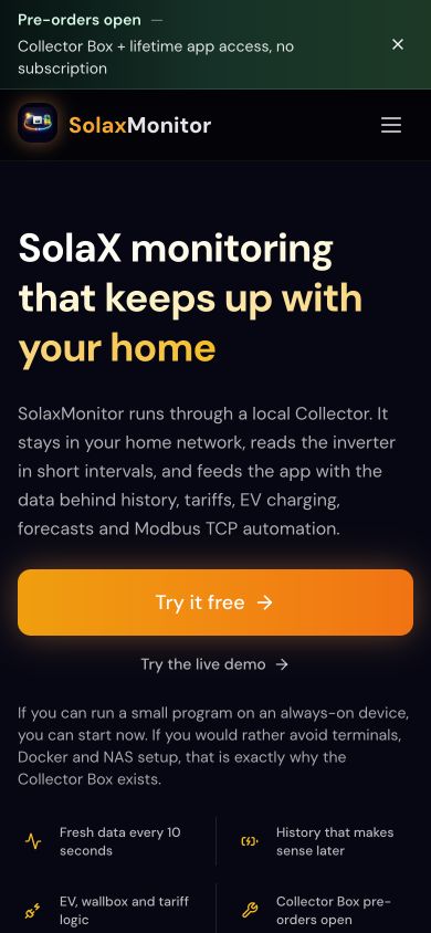 Mobile preview of the SolaX Monitor public website